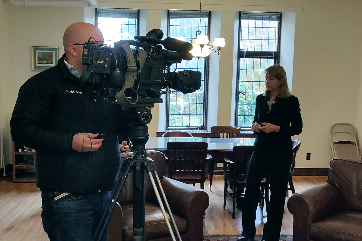 Professer Bethany Berger being interviewed on camera